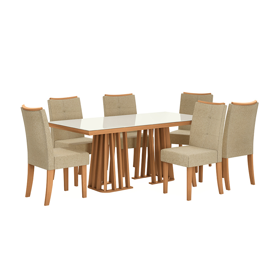 Conjunto de Mesa de Jantar Retangular com Tampo de Vidro Off White Alteia e 6 Cadeiras Elva Bouclé Bege e Canela