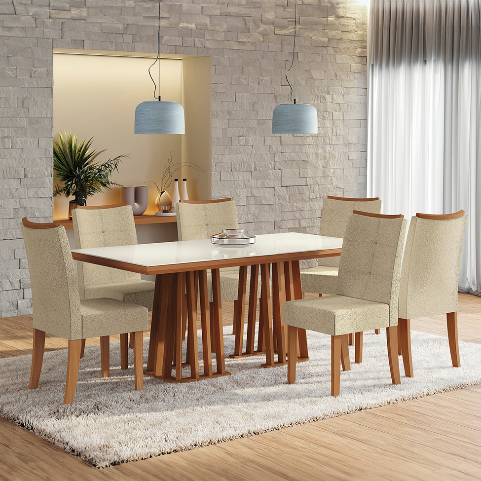 Conjunto de Mesa de Jantar Retangular com Tampo de Vidro Off White Alteia e 6 Cadeiras Elva Bouclé Bege e Canela