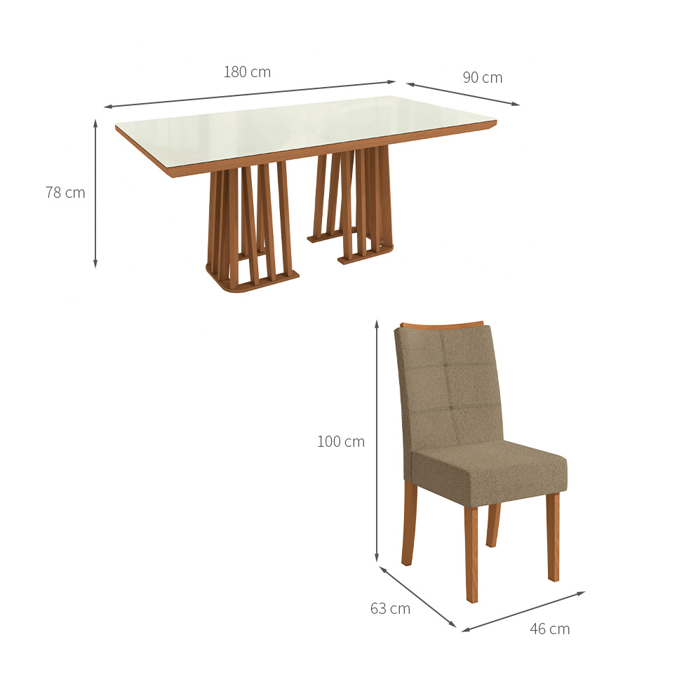Conjunto de Mesa de Jantar Retangular com Tampo de Vidro Off White Alteia e 6 Cadeiras Elva Bouclé Fendi e Canela