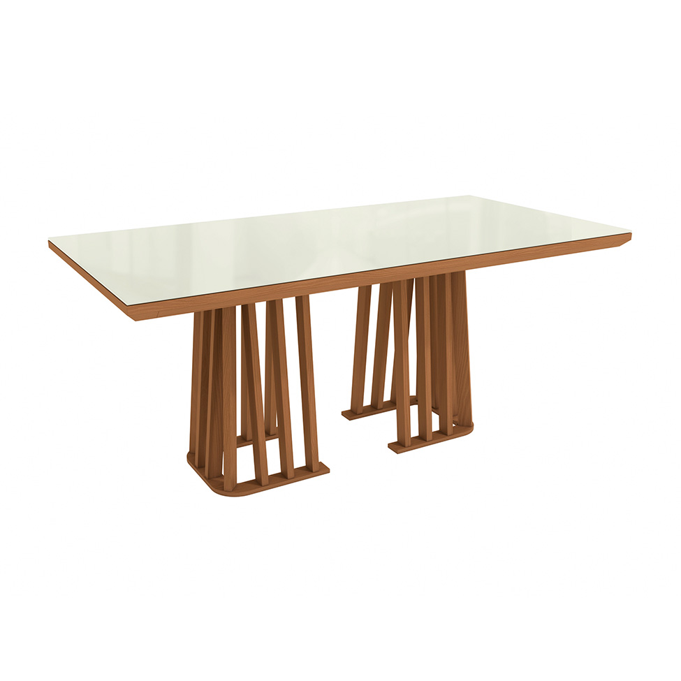 Conjunto de Mesa de Jantar Retangular com Tampo de Vidro Off White Alteia e 6 Cadeiras Elva Bouclé Fendi e Canela