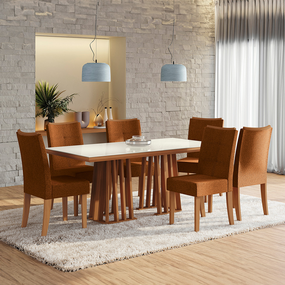 Conjunto de Mesa de Jantar Retangular com Tampo de Vidro Off White Alteia e 6 Cadeiras Elva Bouclé Terracota e Canela