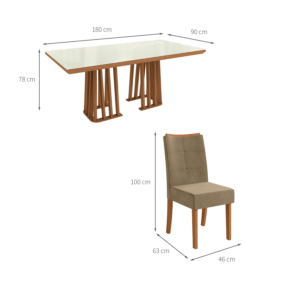 Conjunto de Mesa de Jantar Retangular com Tampo de Vidro Off White Alteia e 6 Cadeiras Elva Suede Bege e Canela