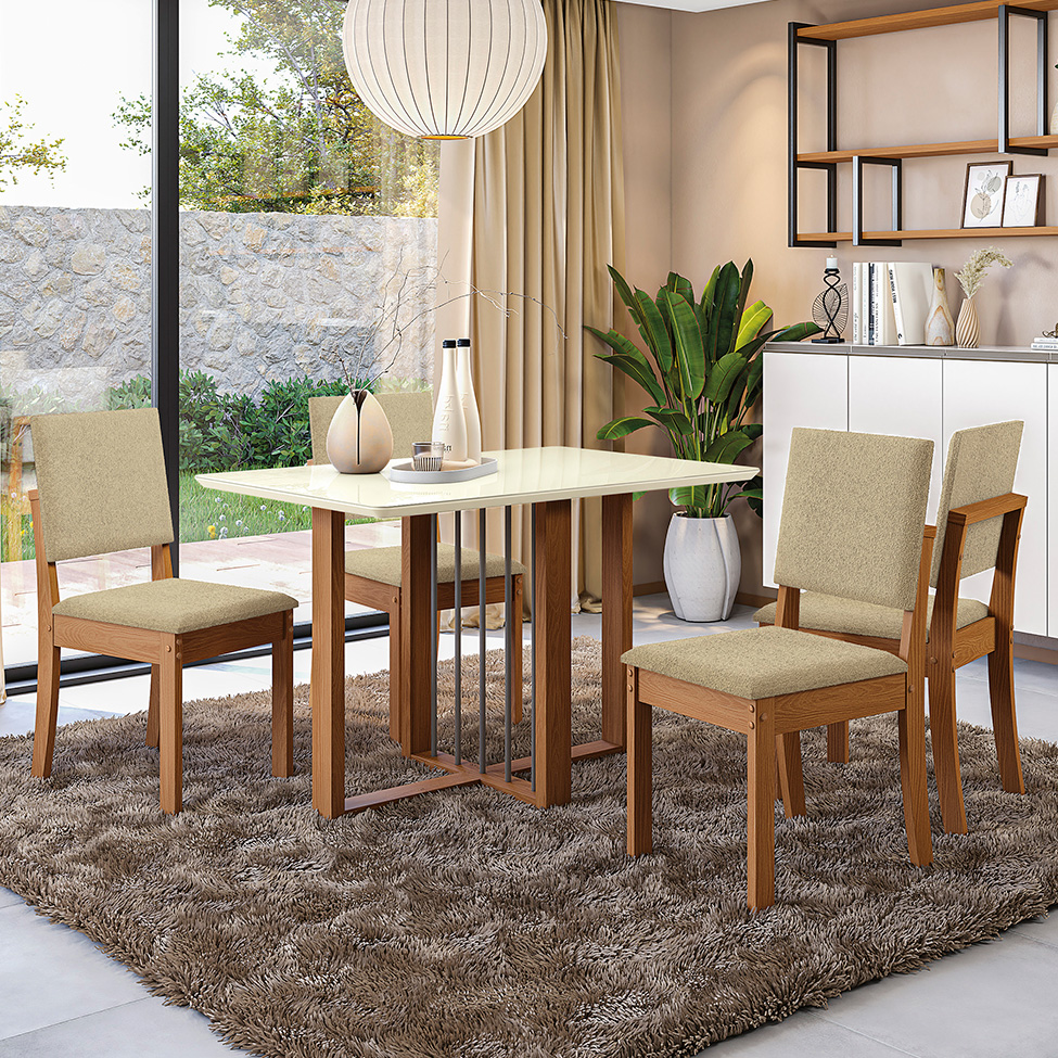 Conjunto de Mesa de Jantar Retangular com Tampo de Vidro Off White Antonela e 4 Cadeiras Lunas Bouclé Bege e Canela