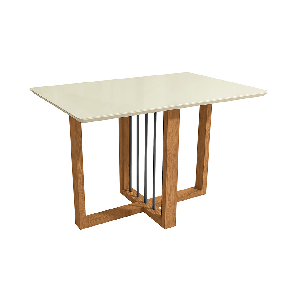 Conjunto de Mesa de Jantar Retangular com Tampo de Vidro Off White Antonela e 4 Cadeiras Lunas Bouclé Bege e Canela