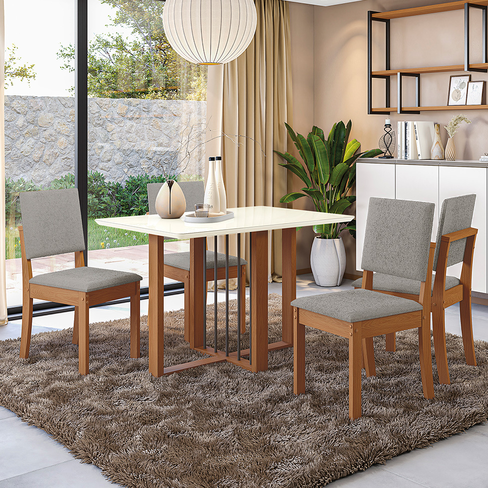 Conjunto de Mesa de Jantar Retangular com Tampo de Vidro Off White Antonela e 4 Cadeiras Lunas Bouclé Cinza e Canela