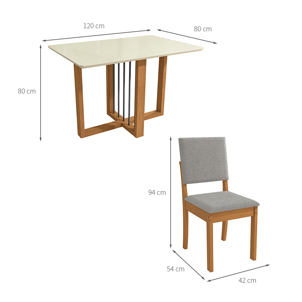 Conjunto de Mesa de Jantar Retangular com Tampo de Vidro Off White Antonela e 4 Cadeiras Lunas Bouclé Cinza e Canela