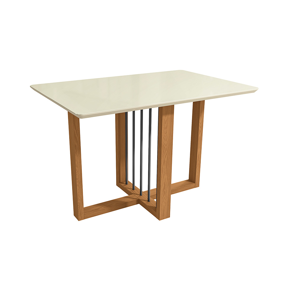Conjunto de Mesa de Jantar Retangular com Tampo de Vidro Off White Antonela e 4 Cadeiras Lunas Bouclé Fendi e Canela