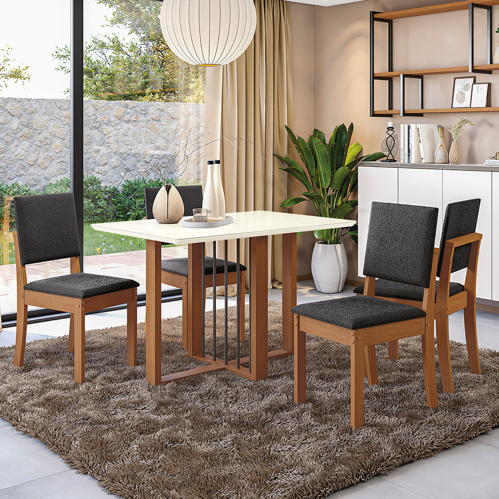 Conjunto de Mesa de Jantar Retangular com Tampo de Vidro Off White Antonela e 4 Cadeiras Lunas Bouclé Titânio e Canela
