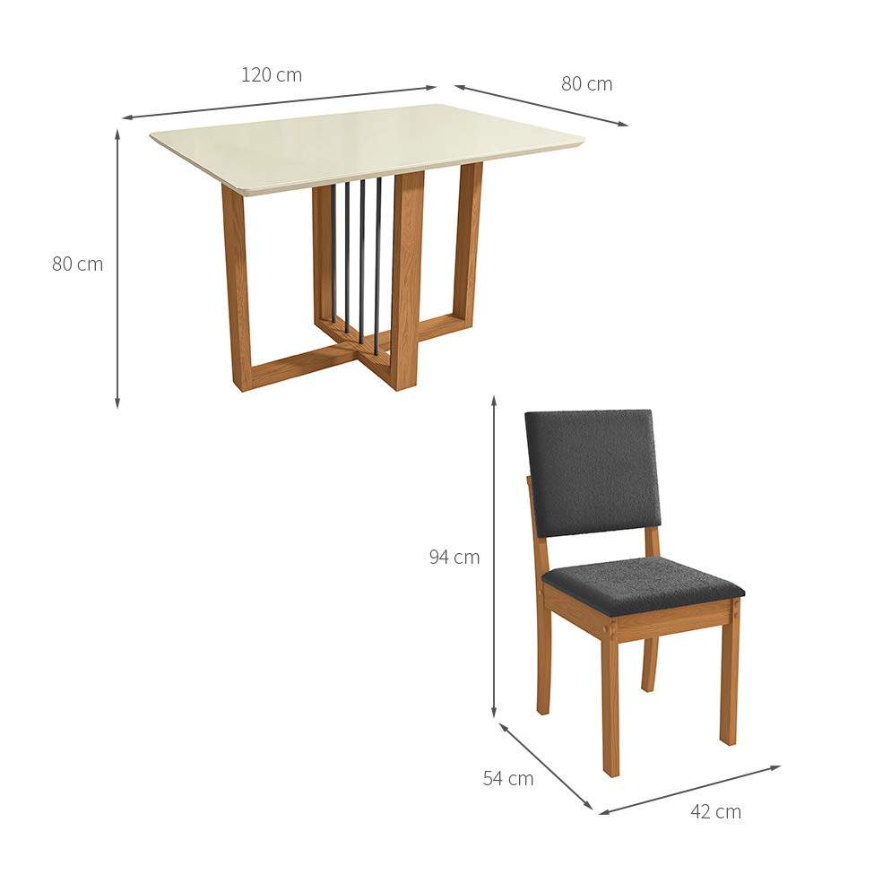 Conjunto de Mesa de Jantar Retangular com Tampo de Vidro Off White Antonela e 4 Cadeiras Lunas Bouclé Titânio e Canela