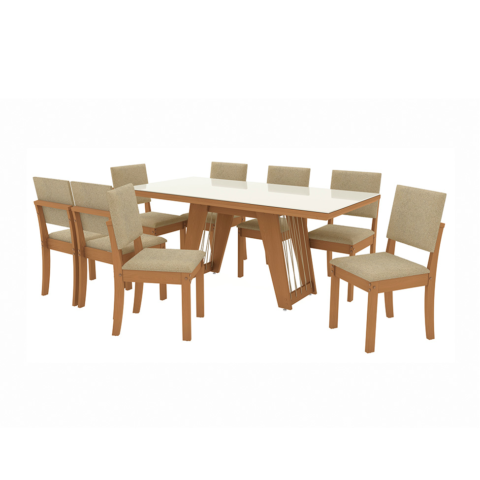 Conjunto de Mesa de Jantar Retangular com Tampo de Vidro Off White Cinara e 8 Cadeiras Luna Bouclé Bege e Canela