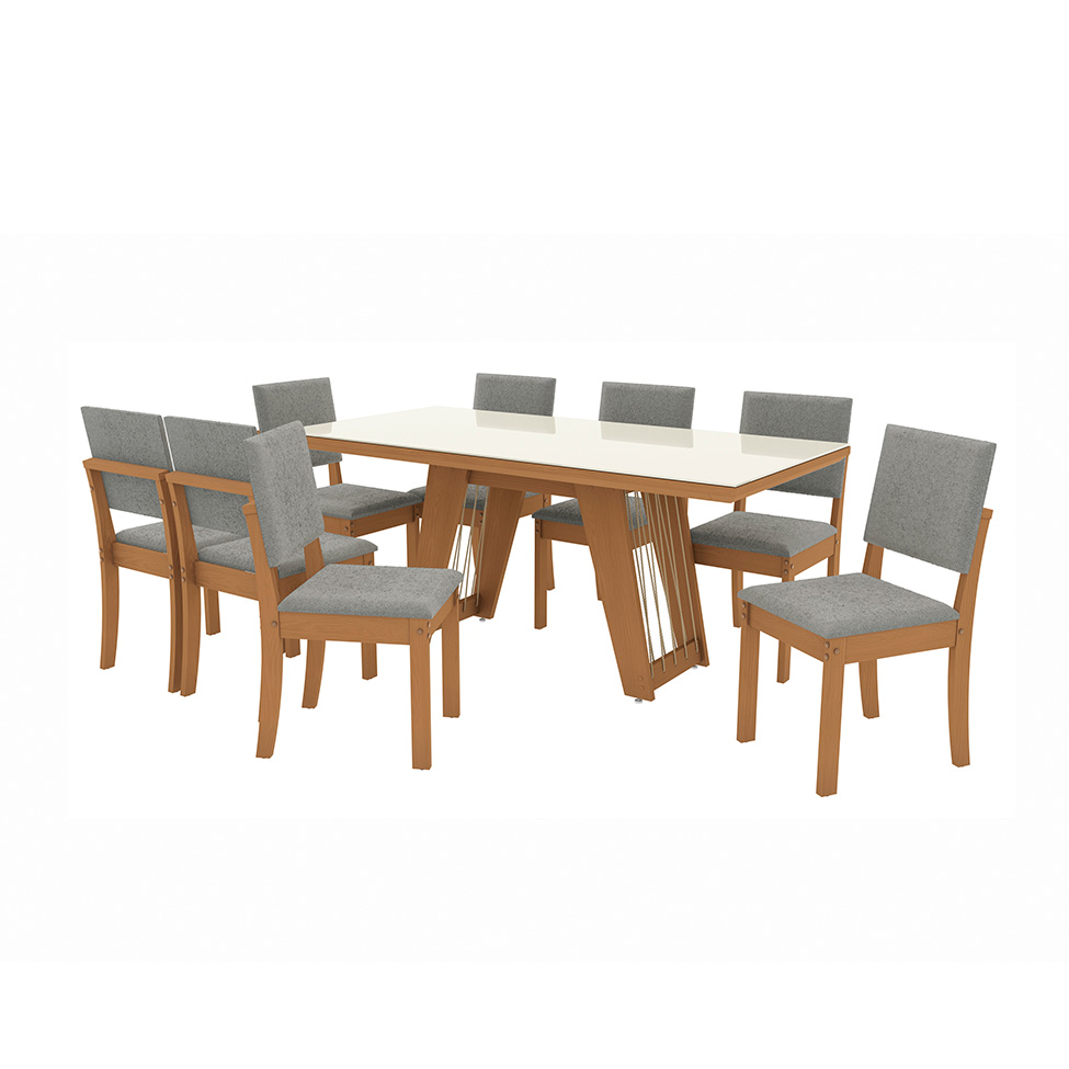 Conjunto de Mesa de Jantar Retangular com Tampo de Vidro Off White Cinara e 8 Cadeiras Luna Bouclé Cinza e Canela