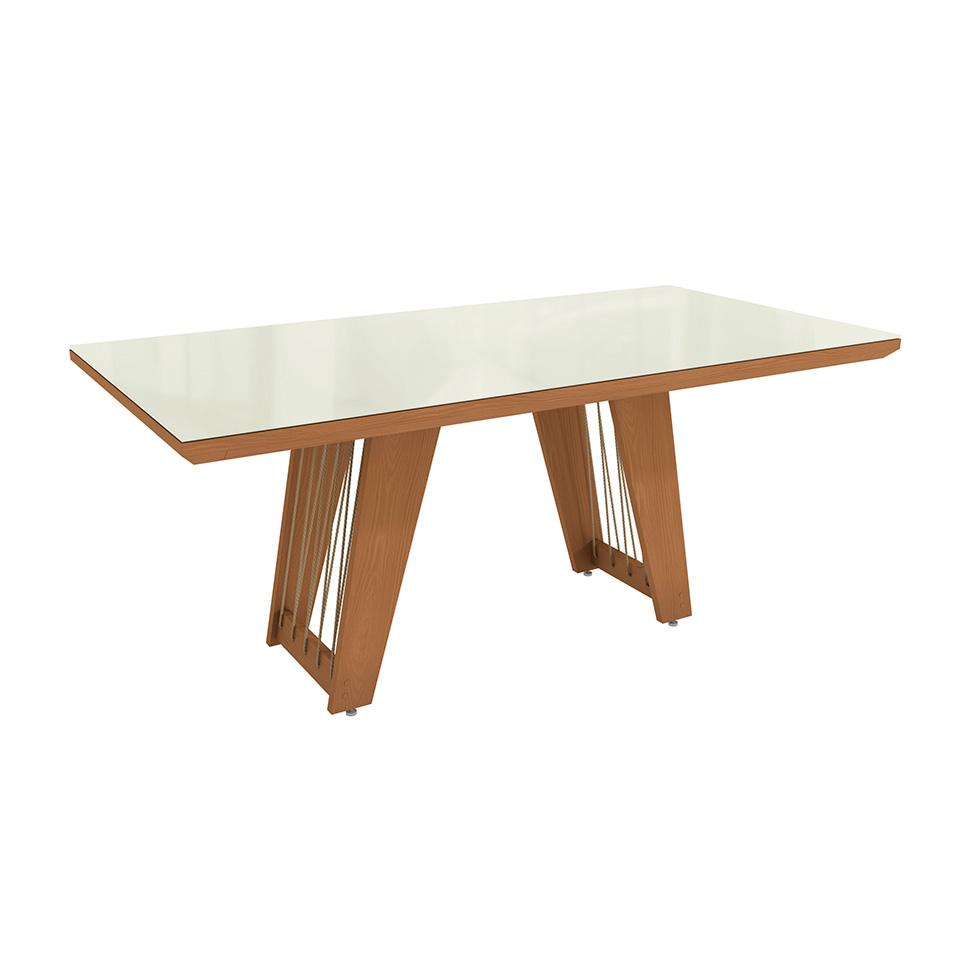 Conjunto de Mesa de Jantar Retangular com Tampo de Vidro Off White Cinara e 8 Cadeiras Luna Bouclé Fendi e Canela