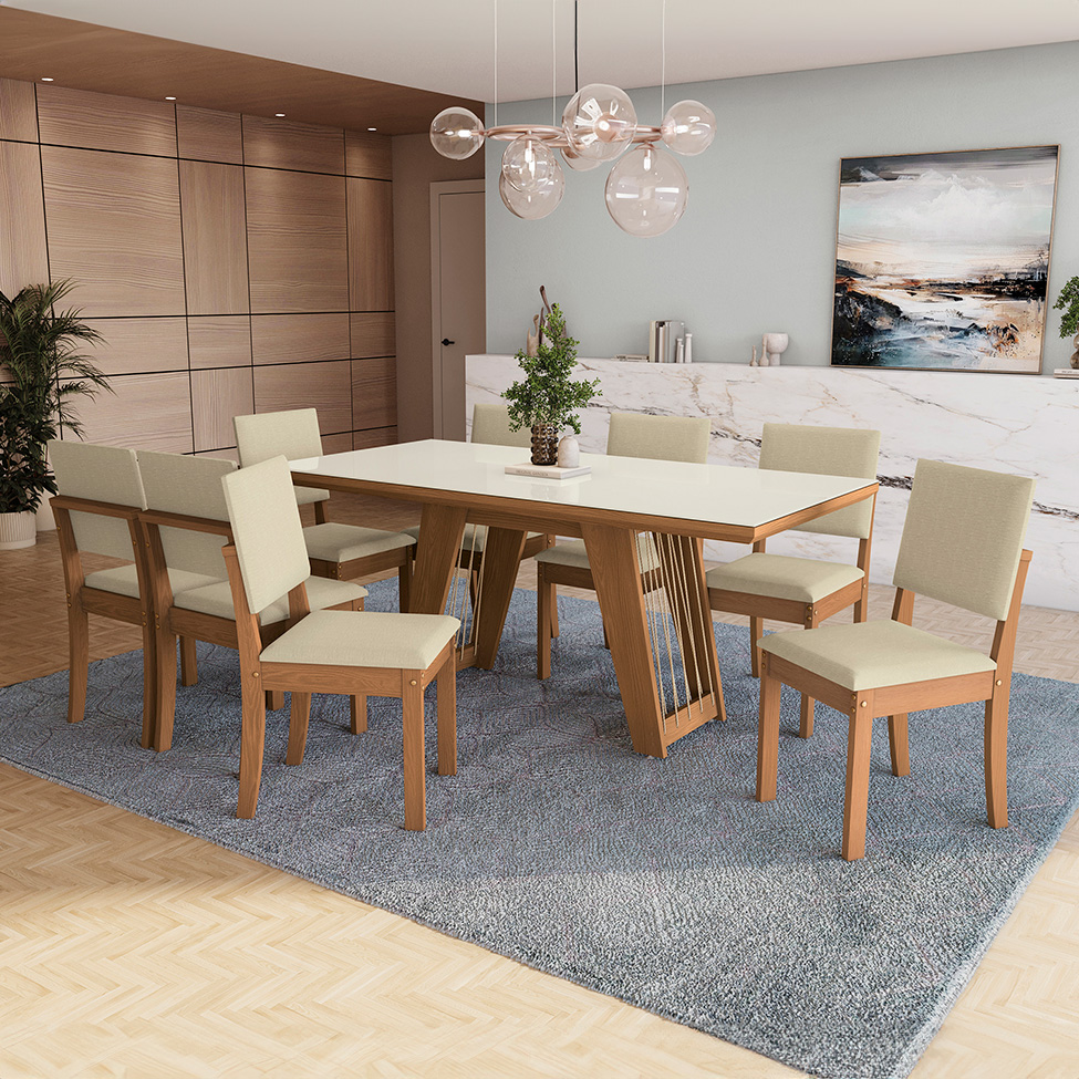 Conjunto de Mesa de Jantar Retangular com Tampo de Vidro Off White Cinara e 8 Cadeiras Luna Jacquard Bege e Canela