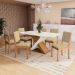 Conjunto de Mesa de Jantar Retangular com Tampo de Vidro Off White Graviola e 6 Cadeiras Luna Bouclé Bege e Canela