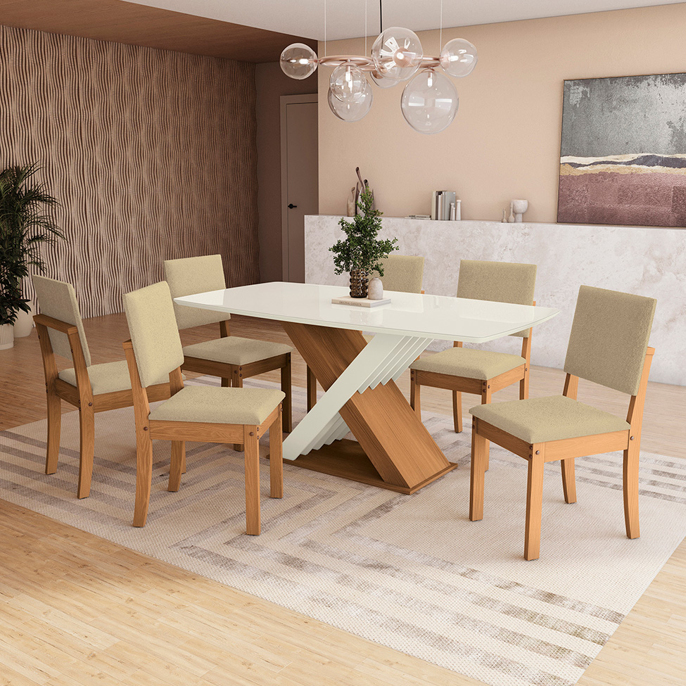 Conjunto de Mesa de Jantar Retangular com Tampo de Vidro Off White Graviola e 6 Cadeiras Luna Bouclé Bege e Canela