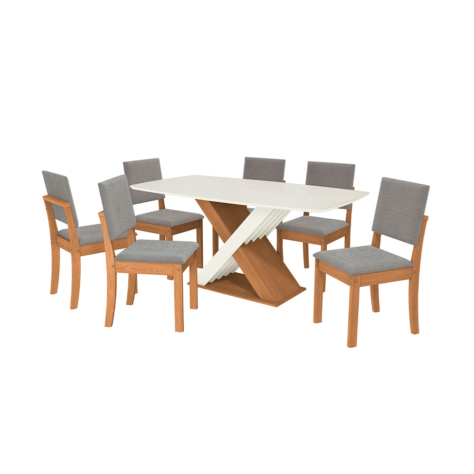 Conjunto de Mesa de Jantar Retangular com Tampo de Vidro Off White Graviola e 6 Cadeiras Luna Bouclé Cinza e Canela