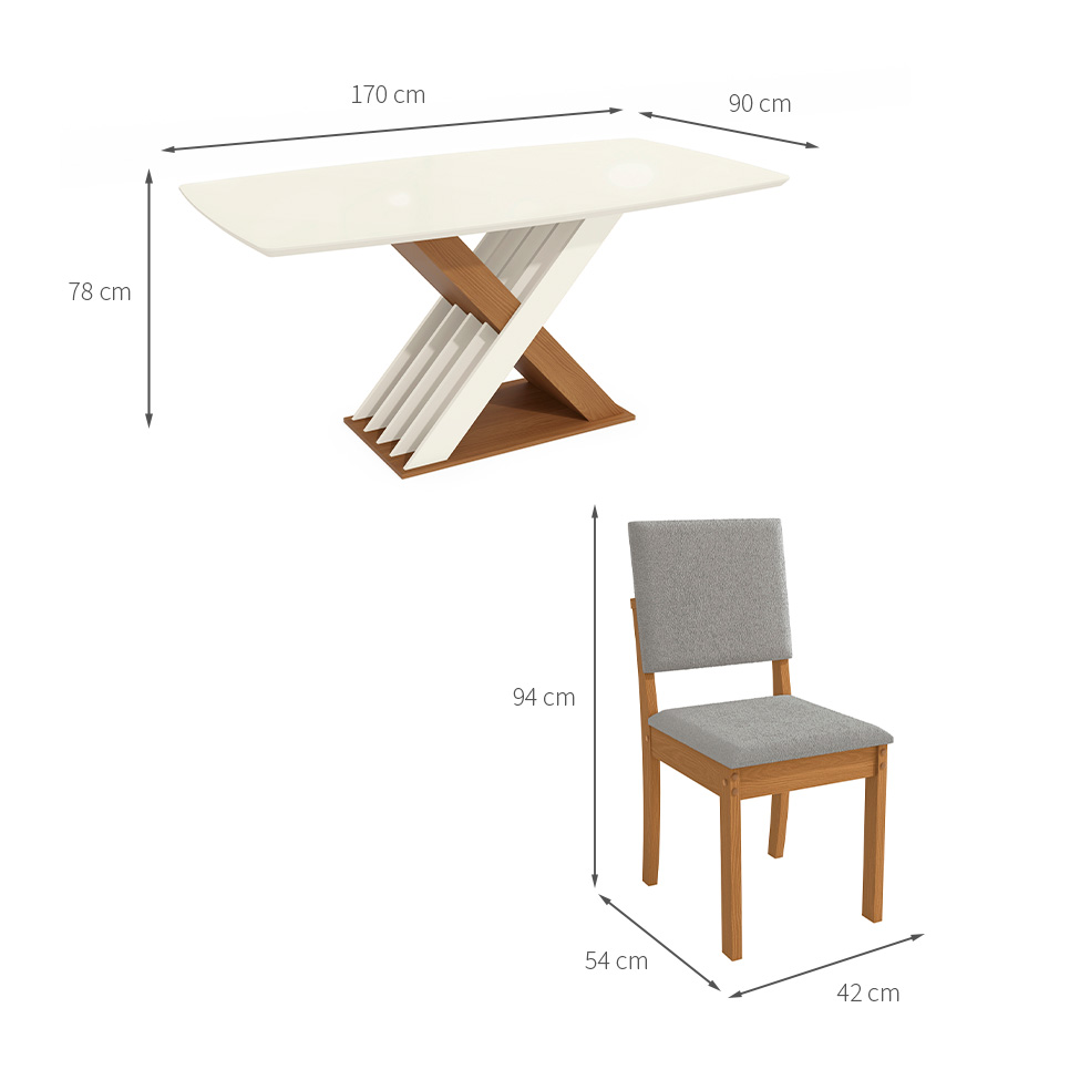 Conjunto de Mesa de Jantar Retangular com Tampo de Vidro Off White Graviola e 6 Cadeiras Luna Bouclé Cinza e Canela
