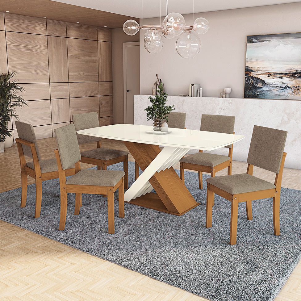 Conjunto de Mesa de Jantar Retangular com Tampo de Vidro Off White Graviola e 6 Cadeiras Luna Bouclé Fendi e Canela