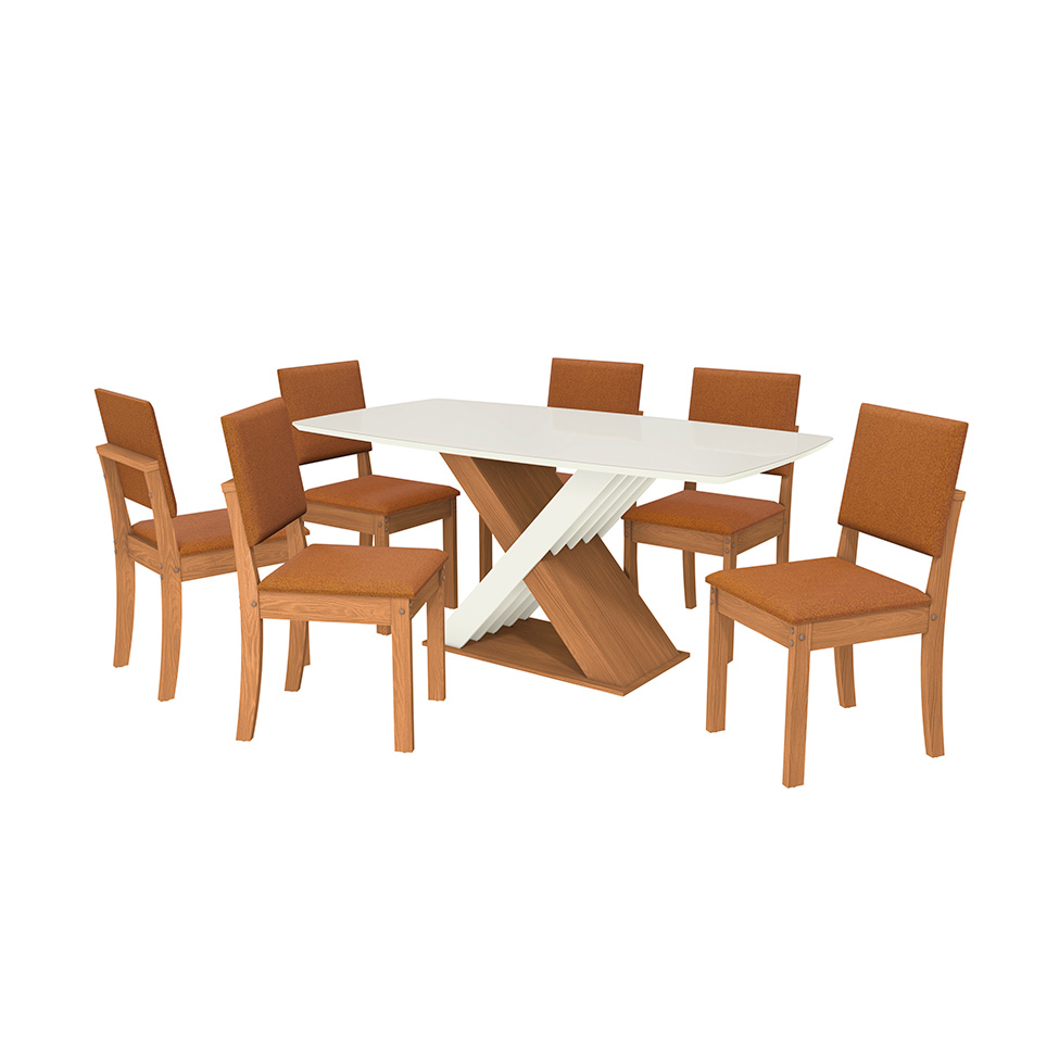 Conjunto de Mesa de Jantar Retangular com Tampo de Vidro Off White Graviola e 6 Cadeiras Luna Bouclé Terracota e Canela