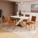 Conjunto de Mesa de Jantar Retangular com Tampo de Vidro Off White Graviola e 6 Cadeiras Luna Bouclé Terracota e Canela