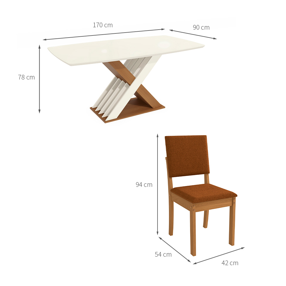 Conjunto de Mesa de Jantar Retangular com Tampo de Vidro Off White Graviola e 6 Cadeiras Luna Bouclé Terracota e Canela