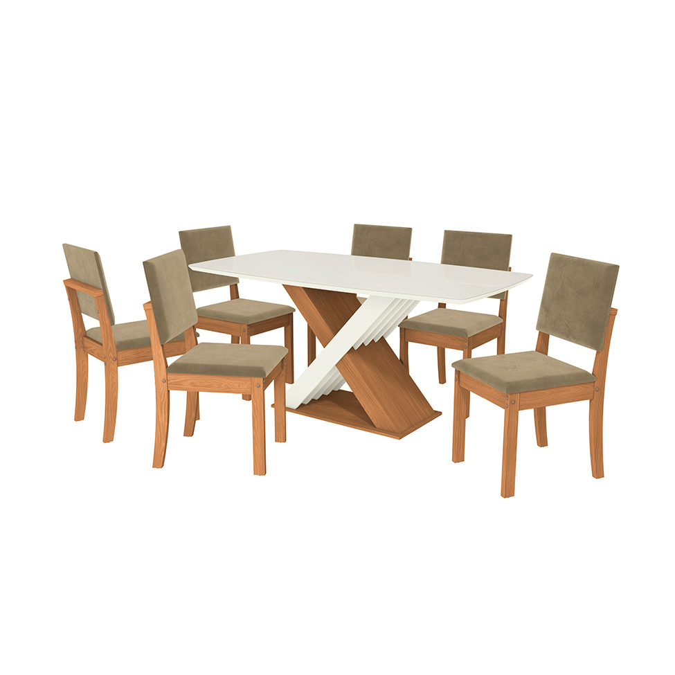 Conjunto de Mesa de Jantar Retangular com Tampo de Vidro Off White Graviola e 6 Cadeiras Luna Suede Bege e Canela