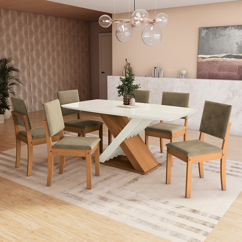 Conjunto de Mesa de Jantar Retangular com Tampo de Vidro Off White Graviola e 6 Cadeiras Luna Suede Bege e Canela