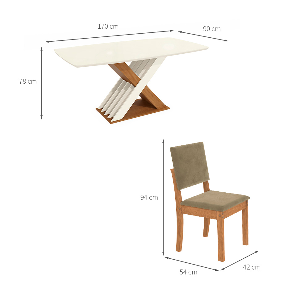 Conjunto de Mesa de Jantar Retangular com Tampo de Vidro Off White Graviola e 6 Cadeiras Luna Suede Bege e Canela