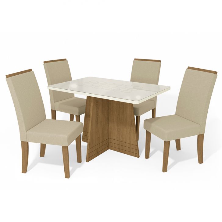 Conjunto de Mesa de Jantar Redonda com Tampo de Vidro Off White Figueira e  4 Cadeiras Gabi Linho Bege e Freijó