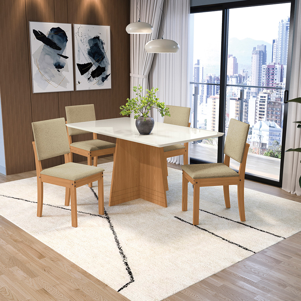 Conjunto de Mesa de Jantar Retangular com Tampo de Vidro Off White Lotus e 4 Cadeiras Luna Bouclé Bege e Canela