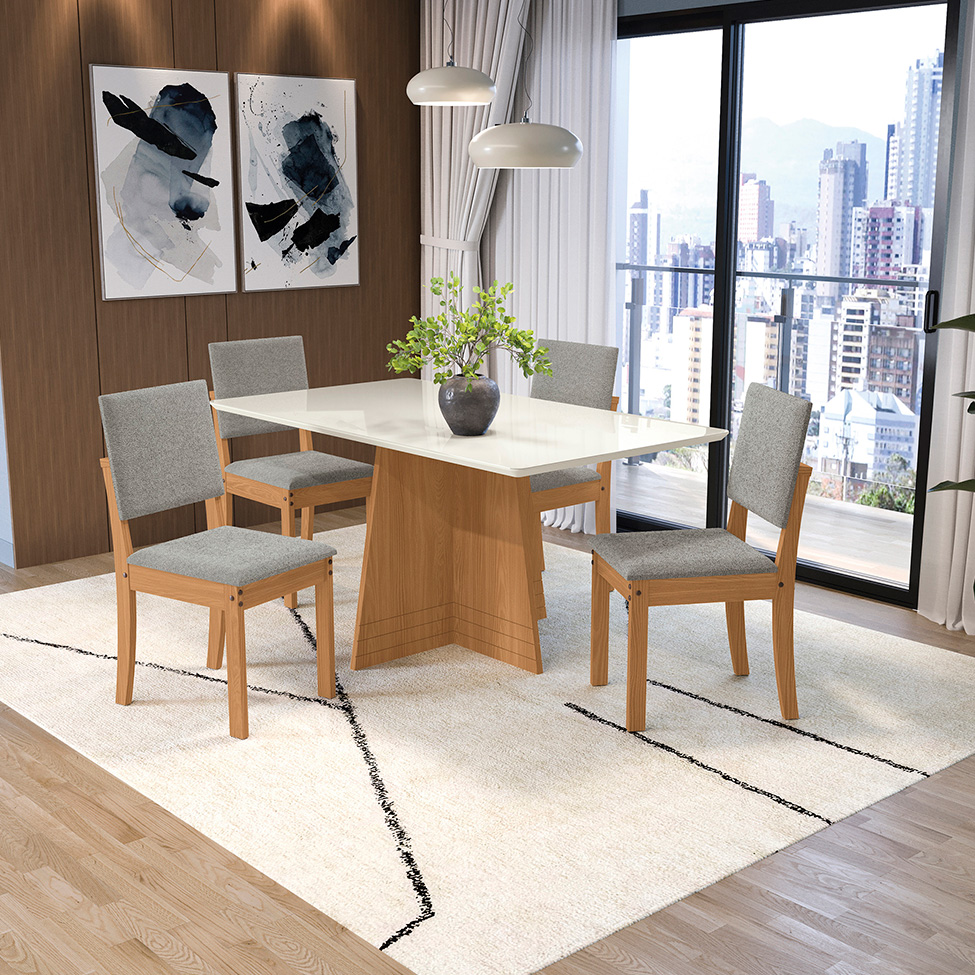Conjunto de Mesa de Jantar Retangular com Tampo de Vidro Off White Lotus e 4 Cadeiras Luna Bouclé Cinza e Canela
