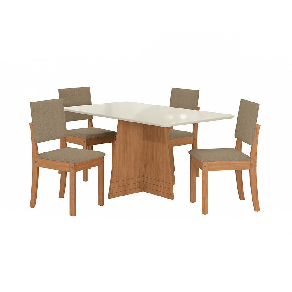 Conjunto de Mesa de Jantar Retangular com Tampo de Vidro Off White Lotus e 4 Cadeiras Luna Bouclé Fendi e Canela