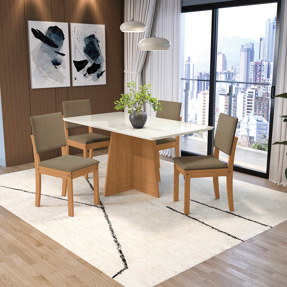 Conjunto de Mesa de Jantar Retangular com Tampo de Vidro Off White Lotus e 4 Cadeiras Luna Bouclé Fendi e Canela