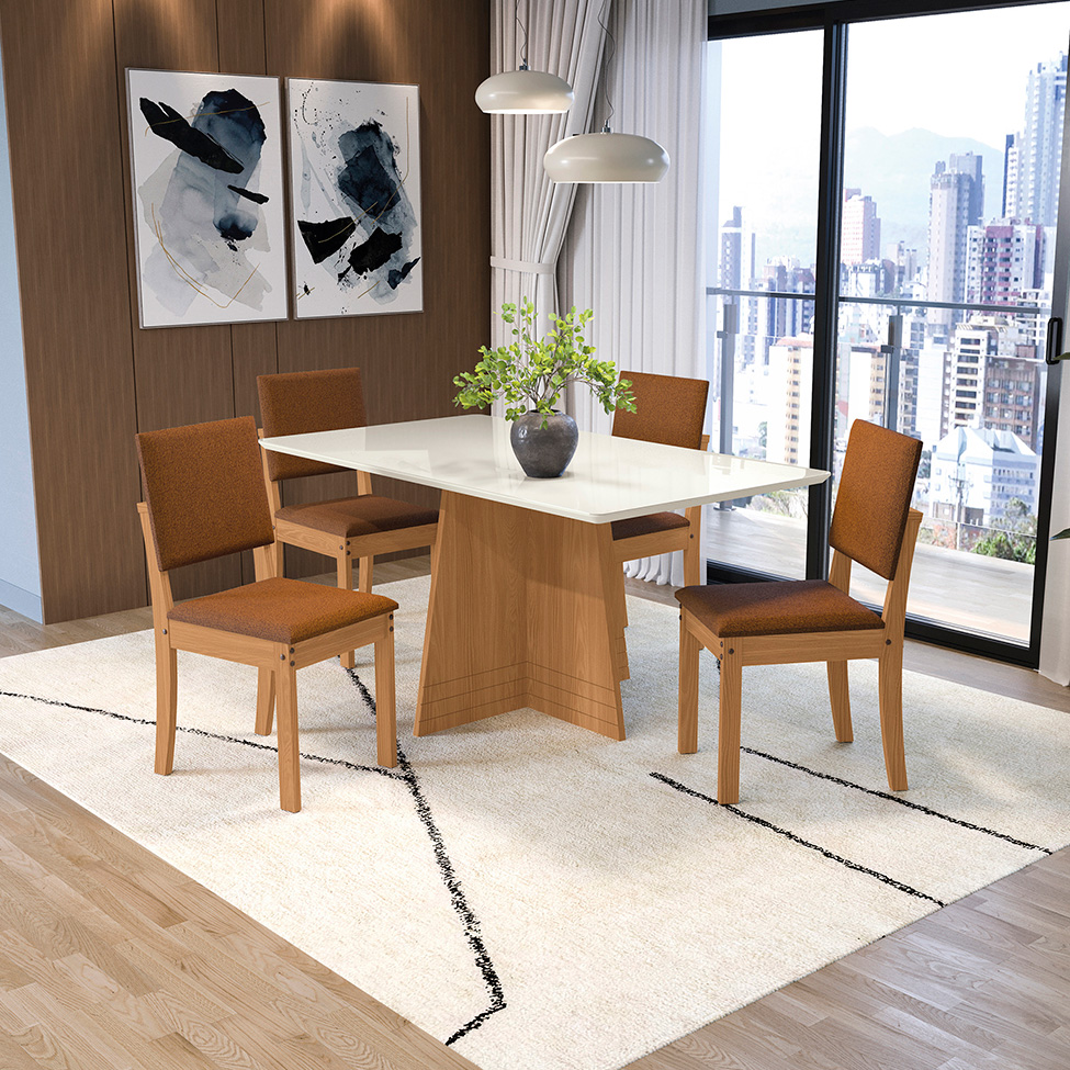 Conjunto de Mesa de Jantar Retangular com Tampo de Vidro Off White Lotus e 4 Cadeiras Luna Bouclé Terracota e Canela