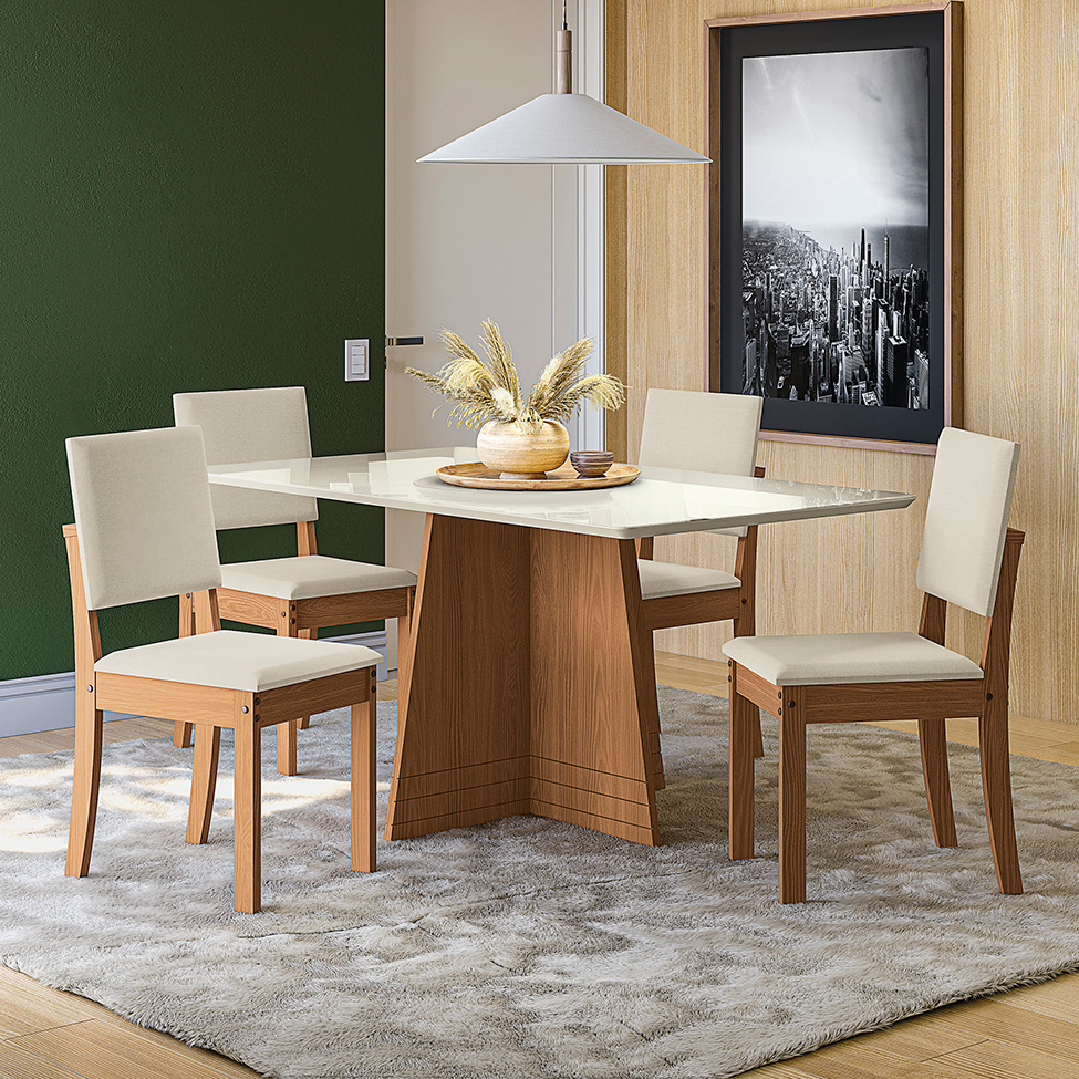 Conjunto de Mesa de Jantar Retangular com Tampo de Vidro Off White Lotus e 4 Cadeiras Luna Linho Areia e Canela