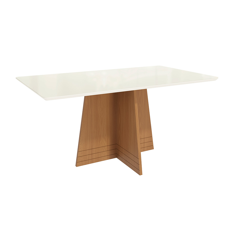 Conjunto de Mesa de Jantar Retangular com Tampo de Vidro Off White Lotus e 4 Cadeiras Luna Linho Areia e Canela