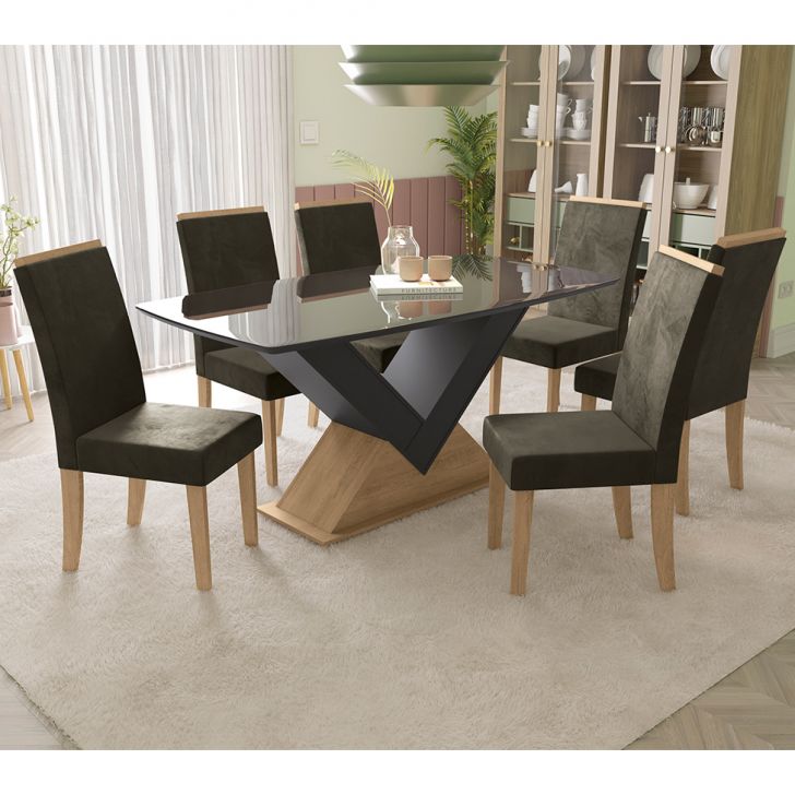 Conjunto de Mesa Com 6 Cadeiras Para Cozinha Tampo Retangular e