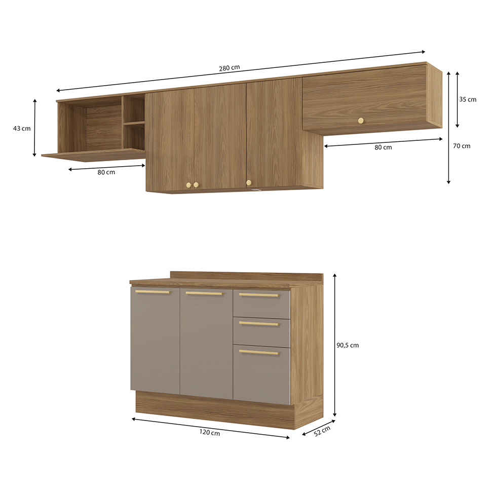 Cozinha Compacta Botanic 6 Portas 3 Gavetas Nogueira e Fendi