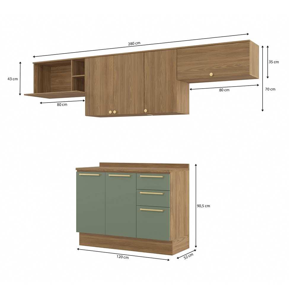 Cozinha Compacta Botanic 6 Portas 3 Gavetas Nogueira e Verde