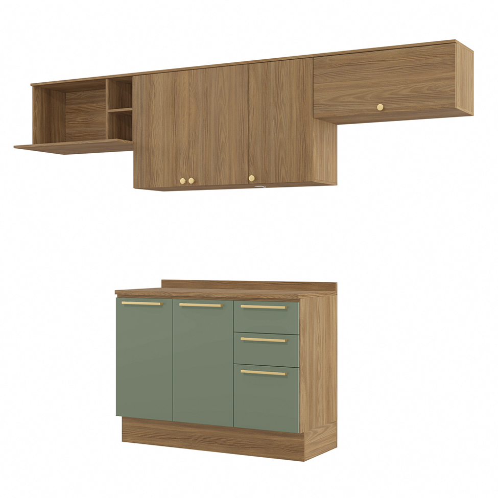 Cozinha Compacta Botanic 6 Portas 3 Gavetas Nogueira e Verde