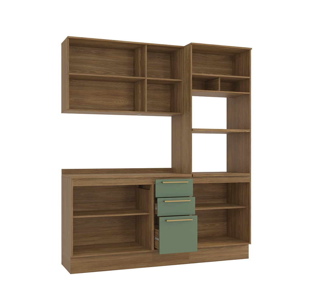 Cozinha Compacta Botanic 9 Portas 3 Gavetas Verde e Nogueira 190 cm