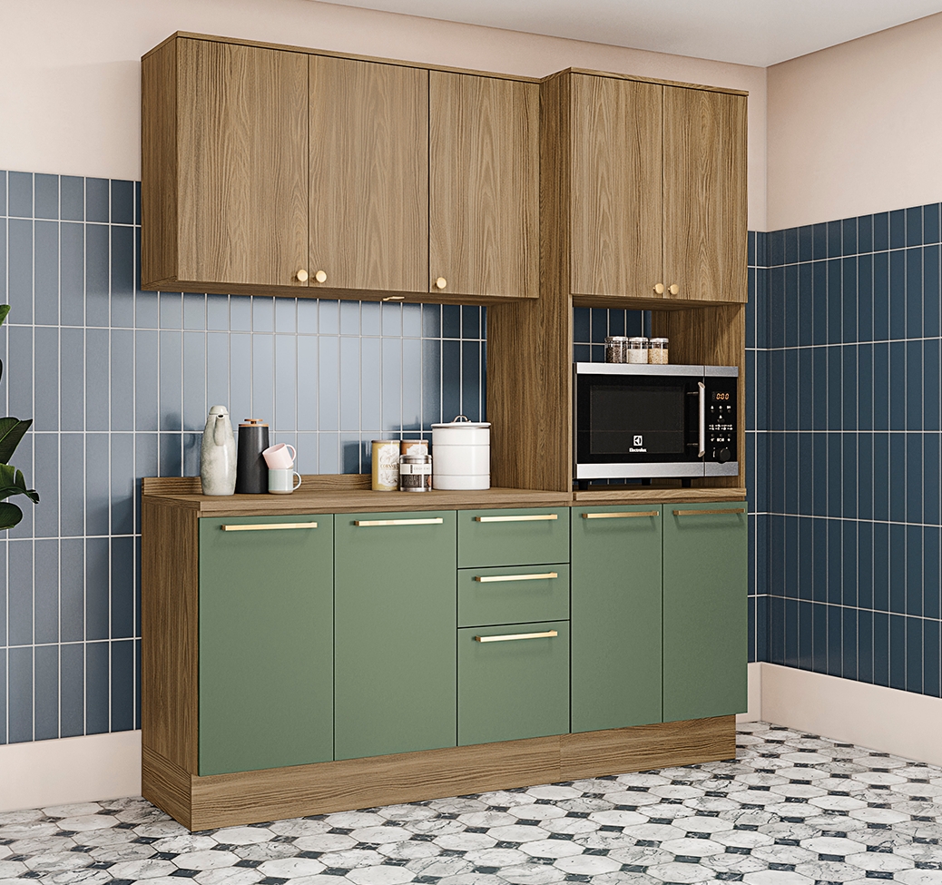 Cozinha Compacta Botanic 9 Portas 3 Gavetas Verde e Nogueira 190 cm