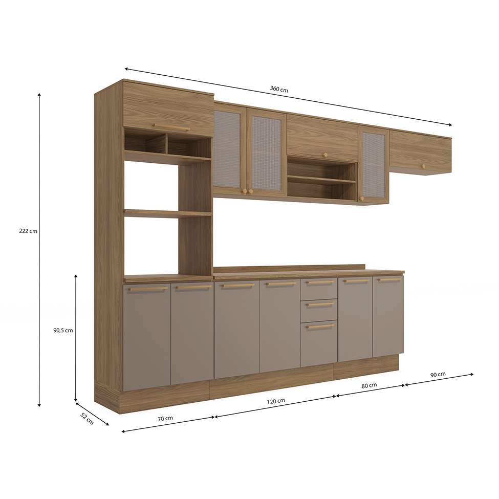 Cozinha Compacta Botanic com Tela 12 Portas 3 Gavetas Nogueira e Fendi