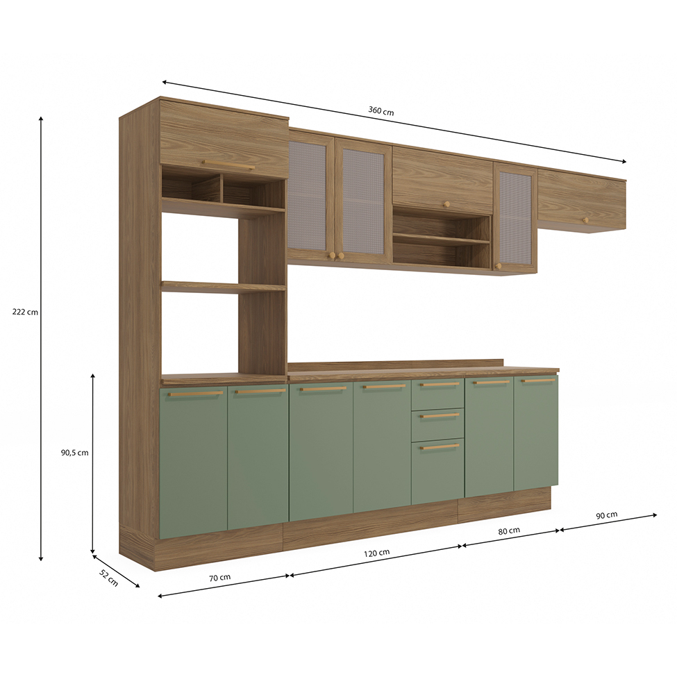 Cozinha Compacta Botanic com Tela 12 Portas 3 Gavetas Nogueira e Verde