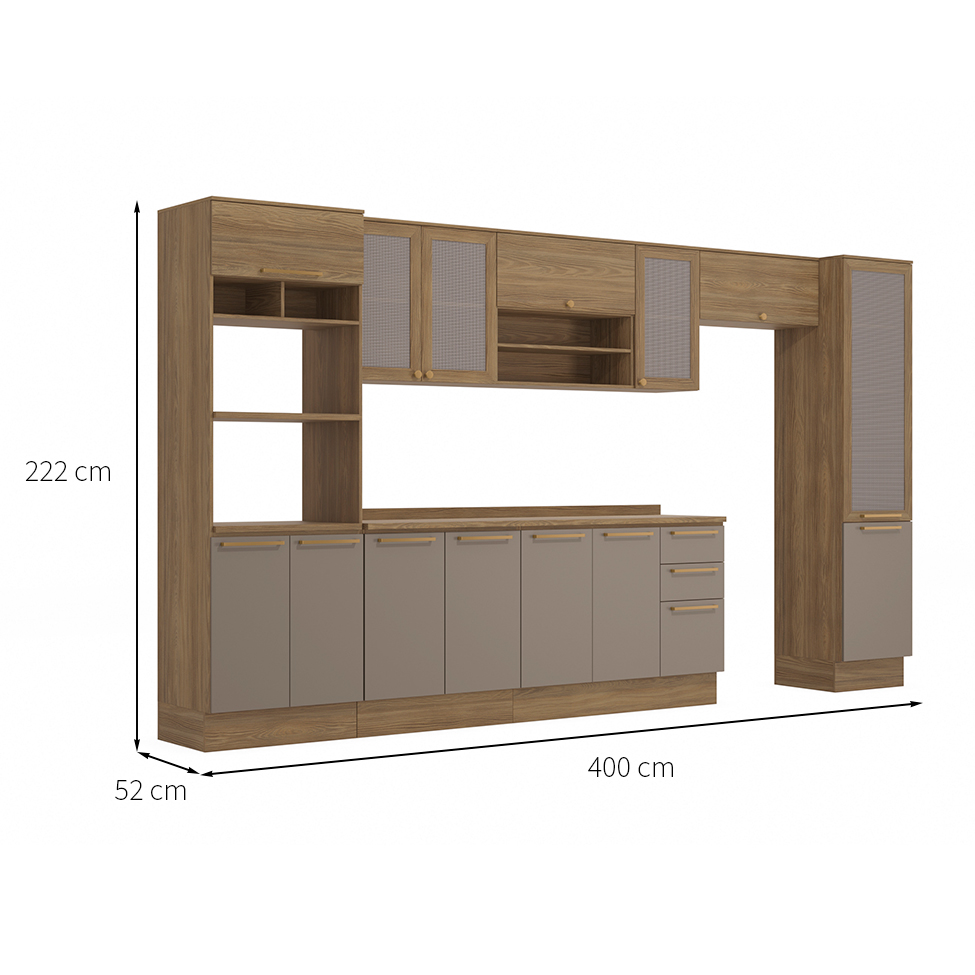 Cozinha Compacta Botanic com Tela 14 Portas 3 Gavetas Nogueira e Fendi