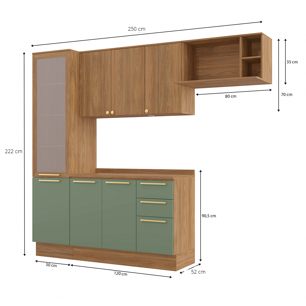 Cozinha Compacta Botanic com Tela 7 Portas 3 Gavetas Nogueira e Verde