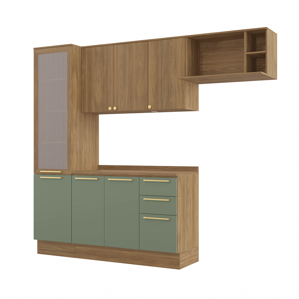 Cozinha Compacta Botanic com Tela 7 Portas 3 Gavetas Nogueira e Verde