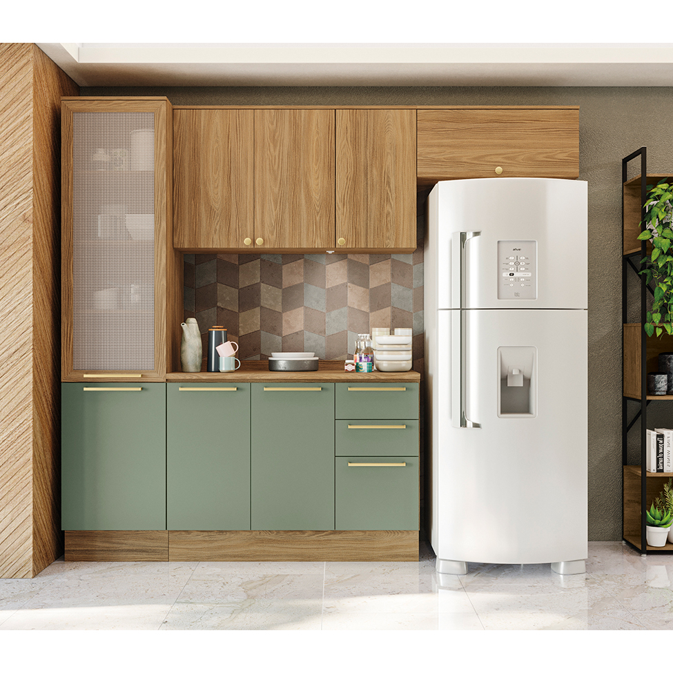 Cozinha Compacta Botanic com Tela 8 Portas 3 Gavetas Nogueira e Verde