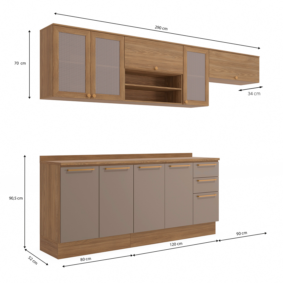 Cozinha Compacta Botanic com Tela 9 Portas 3 Gavetas Nogueira e Fendi