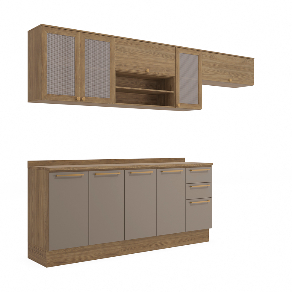 Cozinha Compacta Botanic com Tela 9 Portas 3 Gavetas Nogueira e Fendi